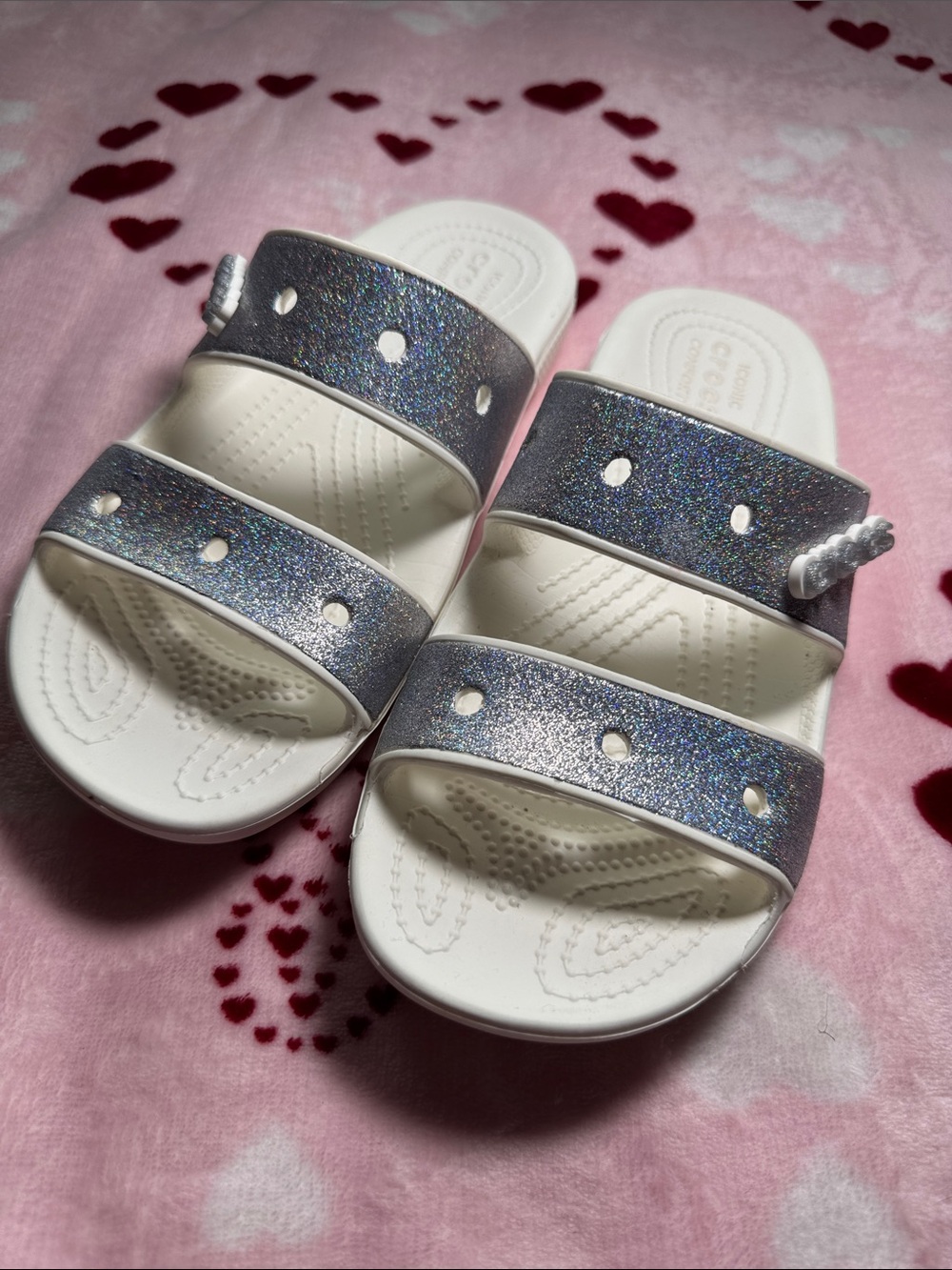 CROCS White Footbed Mules with Iridescent Glitter Triple Straps
